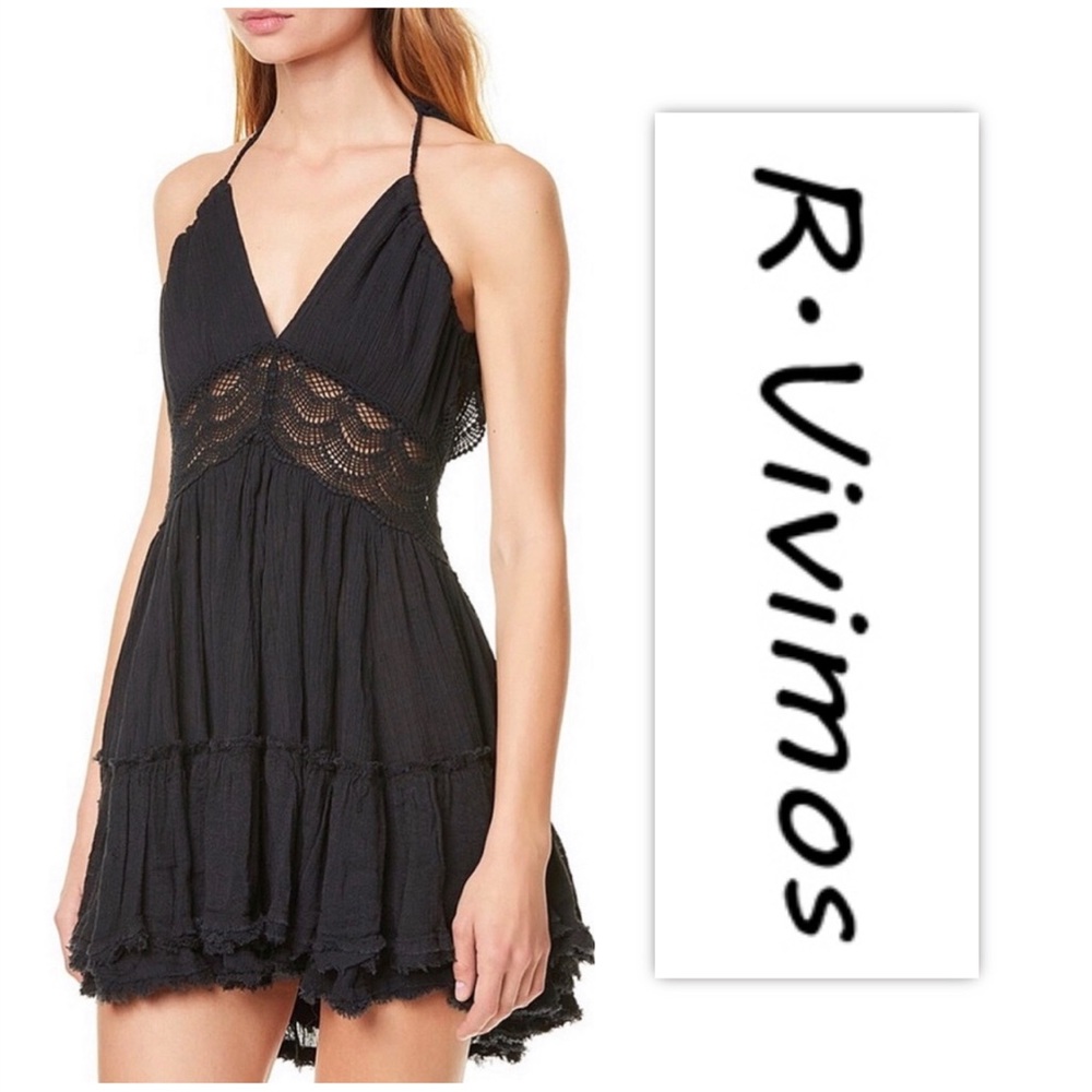 R. Vioimos Black Sleeveless Floral Lace Backless Summer Beach Mini Dress